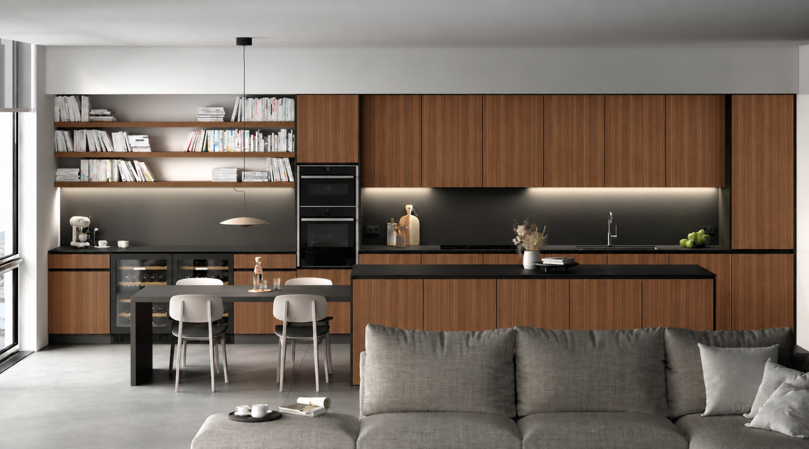 Living : la cuisine avec un îlot multifonction faisant office de table ou de bureau