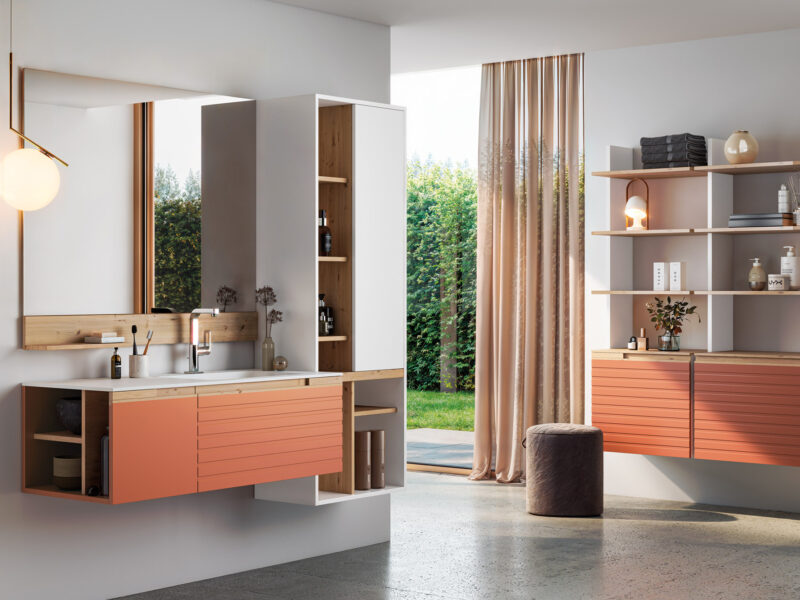 Synergy bathroom: vanity unit and mirror with a natural wood handle