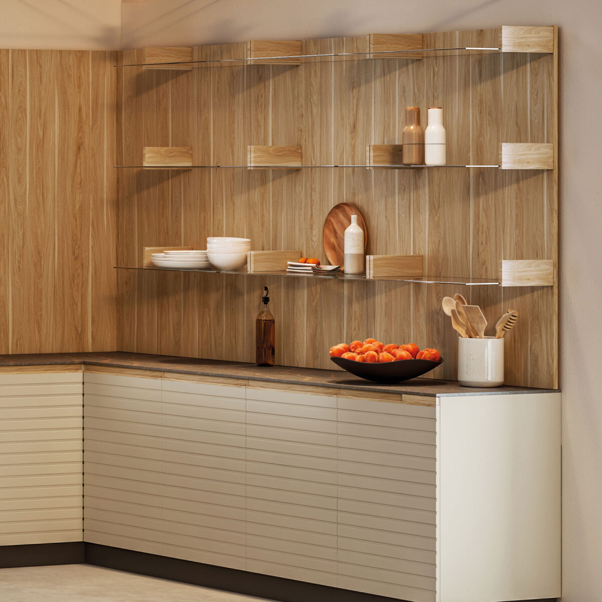 Wood and glass shelving