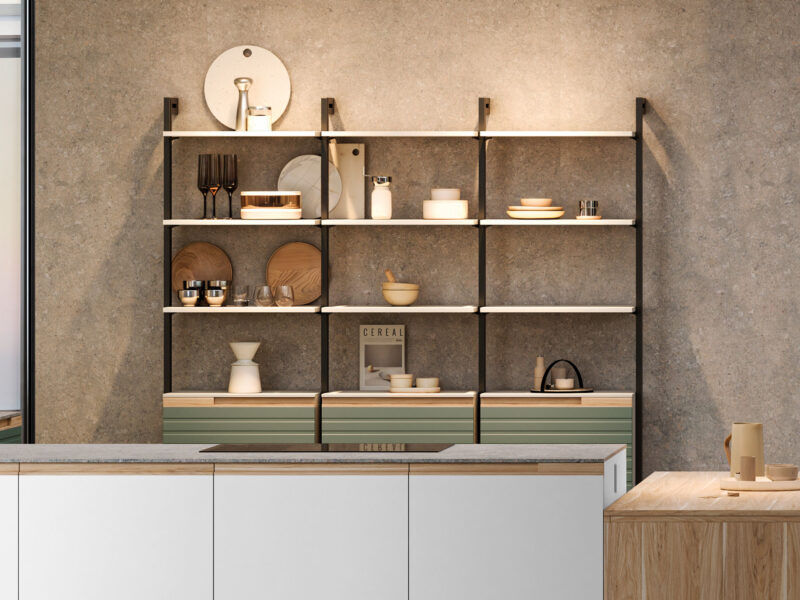 Estantería de salón con estructura metálica: diseño ligero y contemporáneo