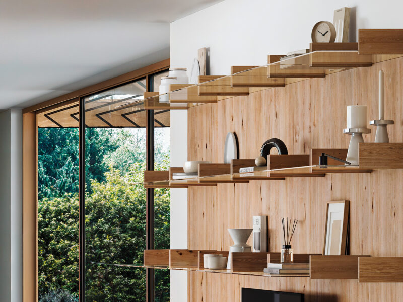 Wood and glass shelving for the living room