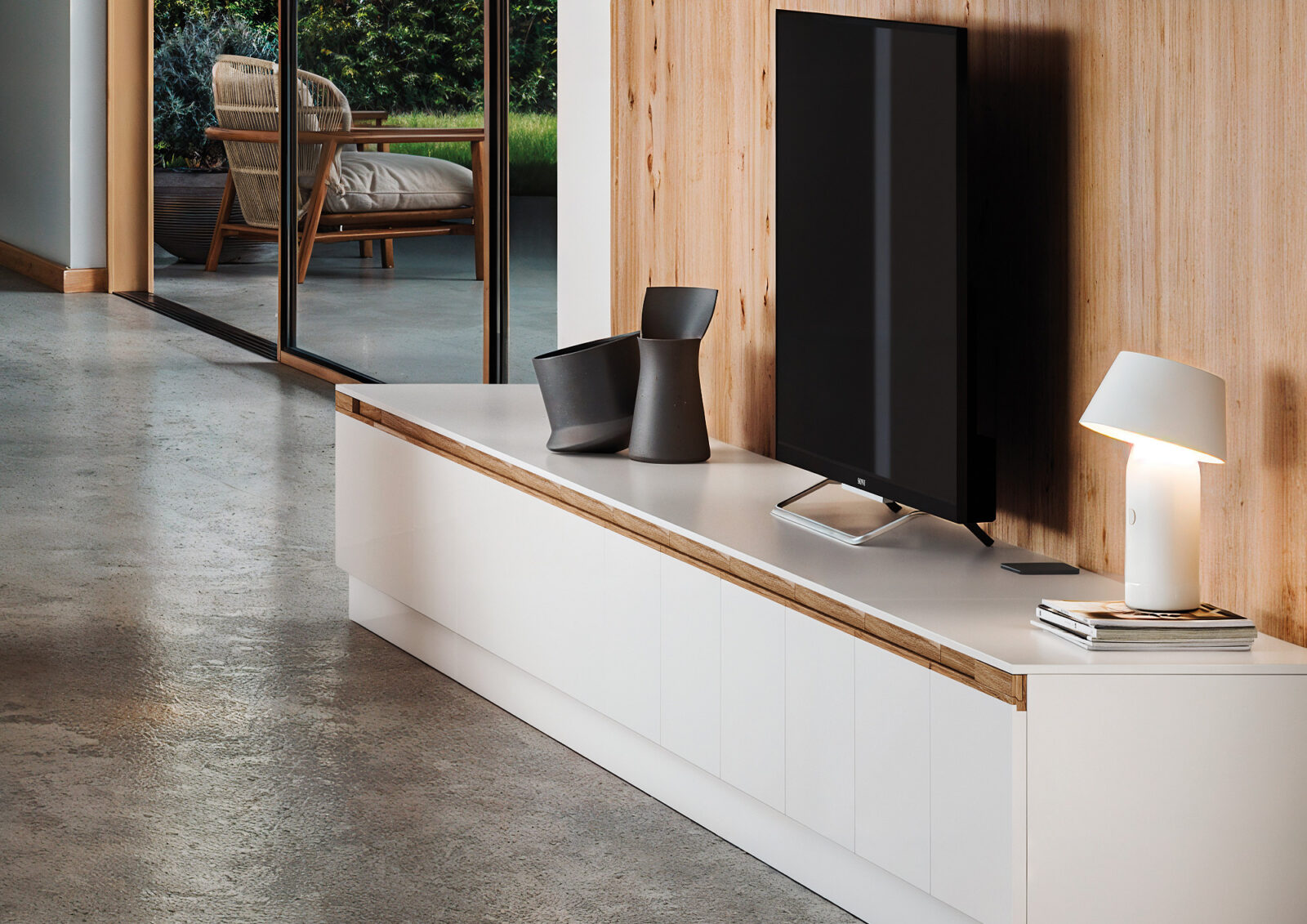 Un mueble de televisión integrado en el conjunto