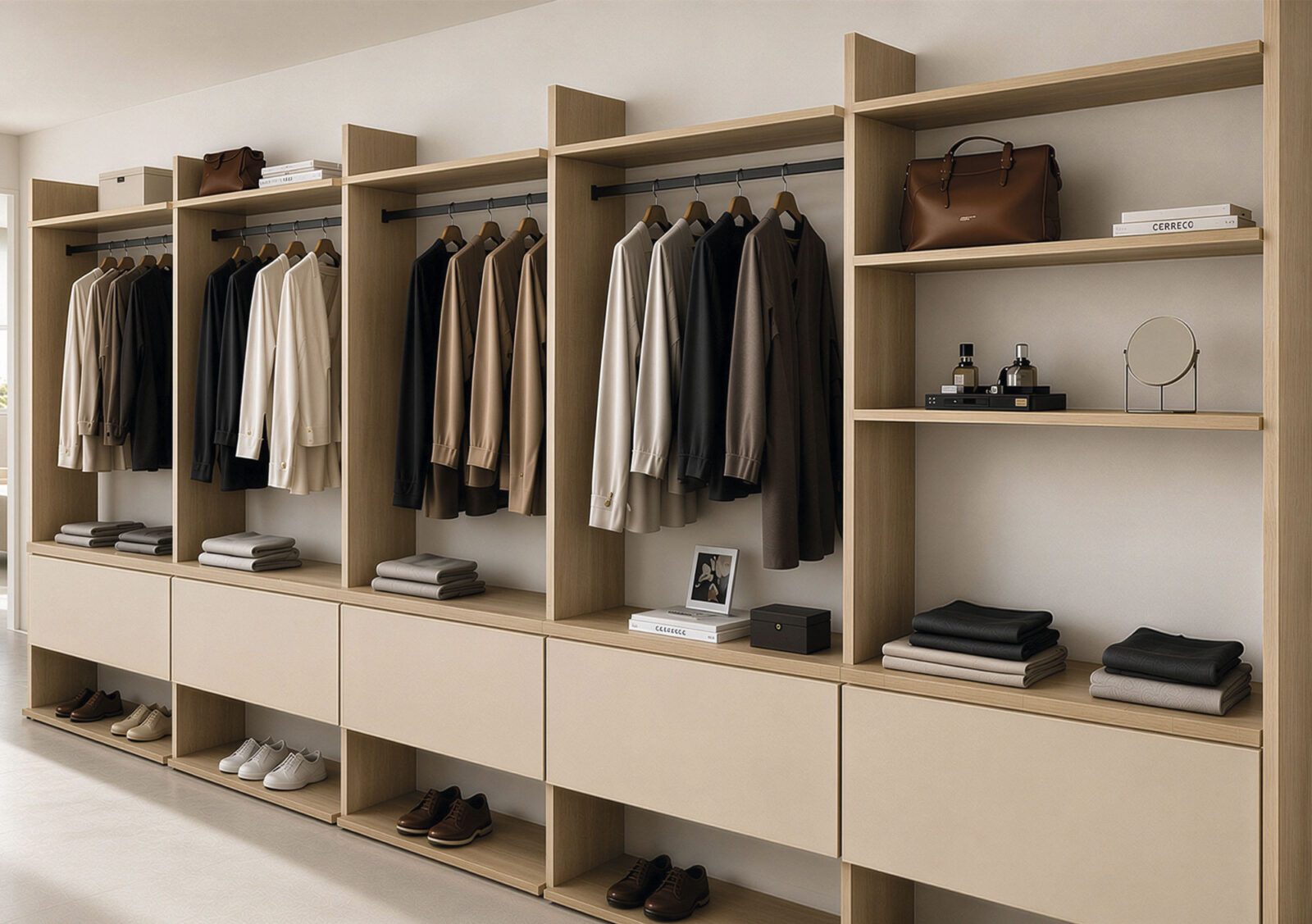 Modular walk-in wardrobe with a wooden frame