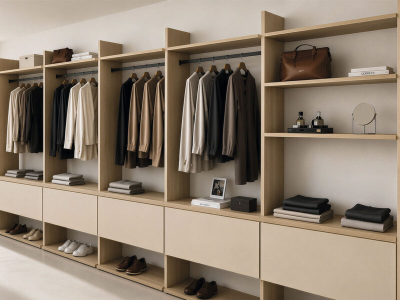 A made-to-measure walk-in wardrobe framed by design